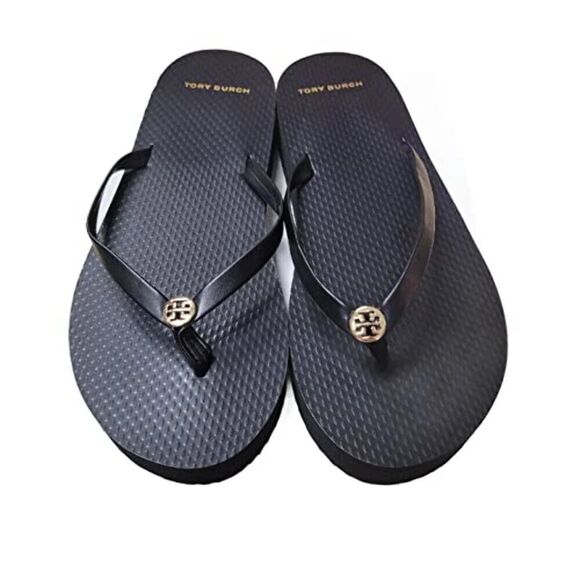 New Tory Burch 86576 Black With Gold Hardware Women's Platform Flip Flops Size 1 - Picture 2 of 5